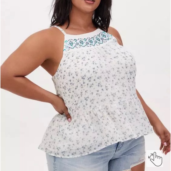 Torrid Floral Crinkled Chiffon Relaxed Cami Sz 1X Boho Babydoll‎ White Blue - Picture 2 of 12